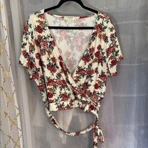 Crop Floral Sewn Wrap Top - Cream and Red